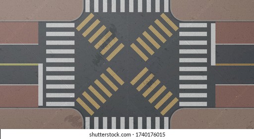 Zebra, road intersection top view. Crosswalk with white and yellow lines marking on gray asphalt and tiled sidewalk. City street crossing with pedestrian junction, Realistic 3d vector background