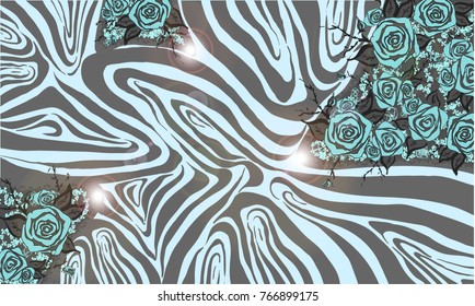Zebra and roses, blue roses, drawing of a zebra.