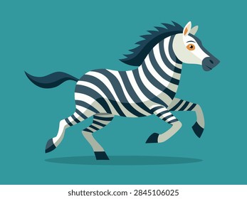 Zebra running across solid teal background in motion.