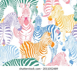 Zebra Safari Animal Wildlife Vector Seamless Pattern On White Background Colour, Zebra Colourful Print illustration 