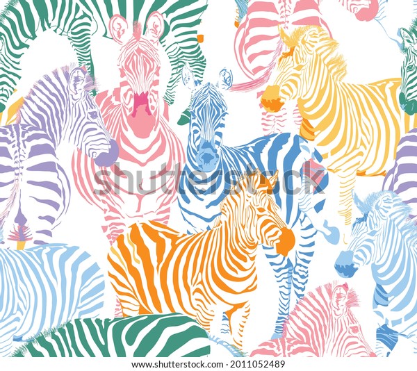 Zebra Safari Animal Wildlife On White Background Color, Zebra Colorful Print illustration 