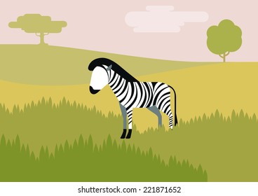 Zebra savanna flat design cartoon vector wild animals. Flat zoo children collection.