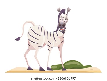 Zebra savannah animal. Funny zoo character. Africa, wild life, herbivore concept. Cute smiles striped mammal. Funny wildebeest stands on sand. Cartoon flat vector illustration on white background