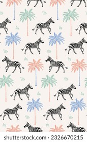 Zebra seamless color pattern. Trendy wallpaper with zebra and palm trees.