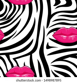 Zebra seamless pattern in abstract style with hot pink lips on black and white,Vector illustration seamless swatch in the swatches panel for wrapping paper, textile, fabric, wallpaper and cloths