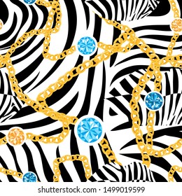 Zebra seamless pattern in abstract style  in black and white with gold chains and gemstone, Vector illustration seamless animal skin with women lips and jewellery svg