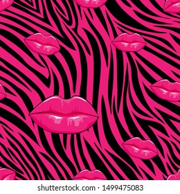 Zebra Seamless Pattern In Abstract Style With Hot Pink Lips With Black ,Vector Illustration Seamless Swatch In The Swatches Panel For Wrapping Paper, Textile, Fabric, Wallpaper And Cloths