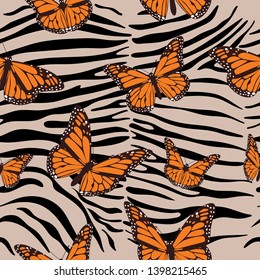 Zebra seamless pattern. Animal print with butterflies. fashionable trend. Vector illustration