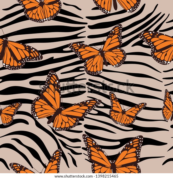 Zebra seamless pattern. Animal print with butterflies. fashionable trend. Vector illustration