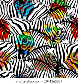Zebra seamless pattern with colorful easter eggs. Wild animal design trendy fabric texture, illustration.