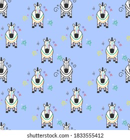 Zebra seamless pattern, Colorful Zebras on blue background.	