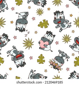 Zebra seamless pattern in different poses, leaves and flowers. Vector illustration for designs, prints and patterns. Isolated on white background