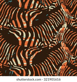 Zebra seamless pattern isolated on wooden texture. Grunge effect is on a separate layer. Vector illustration