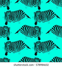 zebra seamless pattern on blue background. Savannah Animal ornament. Wild animal design trendy fabric texture, illustration.