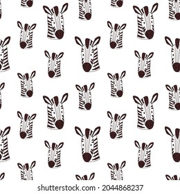 Zebra seamless pattern on a white background. Cartoon vector illustration of a zebra head pattern. Wild African animal.