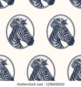 Zebra. Nahtloses Muster mit Porträttieren aus Afrika. Handzeichnung von Wildtieren. Vektorgrafik. Schwarz-Weiß. Alte Gravur. Jahrgang. Design für Stoffe, Papier, Textilien, Mode.