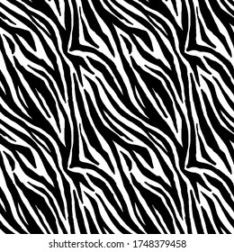 Patrón sin costuras de cebra rayado para impresión. Fondo de la piel de textura animal. Ornamento abstracto de líneas negras curvadas. Bueno para el diseño textil, de tela y de moda.