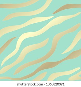 Zebra seamless pattern. Stripes of gold color on a green-blue background, packaging, wallpaper, fabric