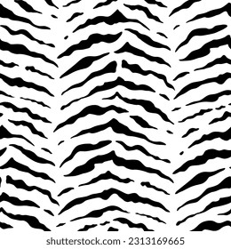 Zebra seamless pattern. Tiger print. Repeating animal skin texture. Black stripe jungle isolated on white background. Repeated abstract wave. Repeat hand drawn design for prints. Vector illustration