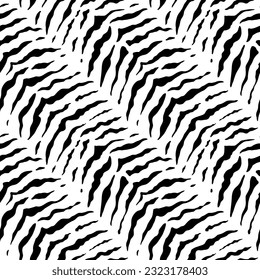Zebra seamless pattern. Tiger print. Repeating animal skin texture. Black stripe jungle isolated on white background. Repeated abstract wave. Repeat hand drawn design for prints. Vector illustration