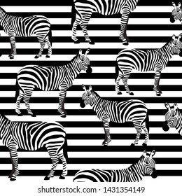 Zebra Seamless Surface Pattern, Black and White Zebras on Stripes Repeat Pattern for Textile Design, Fabric Printing, Stationary, Packaging, Wallpaper  or Background

