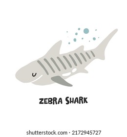 Zebra shark. Hand drawn vector cartoon illustration for kids. Amusing Sea Animal