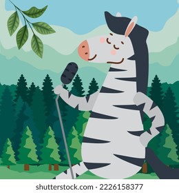 zebra singing with microphone in landscape