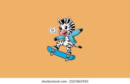 Zebra skateboarding with a jacket and a heart speech bubble.