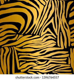 Zebra skin. Golden seamless pattern on black. Elegant texture with foil effect. Animal print. Vector background