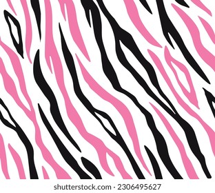 Zebra skin pattern with black and pink stripes, seamless vector illustration for fashion, fabric, poster, wallpaper designs