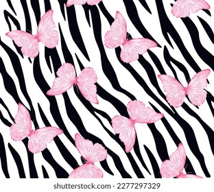 Zebra skin pattern with pink watercolor butterflies, seamless vector illustration for fashion, fabric, poster, wallpaper designs