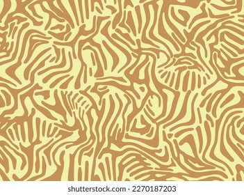 Zebra skin pattern. Seamless animal striped print. Tiger fur background. Hand drawn african safari wallpaper in a natural yellow and beige colors. Vector illustration