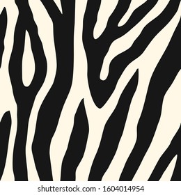 Zebra skin seamless pattern. Animal fur print. Repeating stripes motif. Wildlife, natural camouflage texture. Savannah safari inspired background. Vector abstract wallpaper