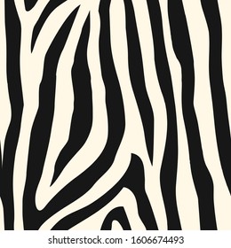 Zebra skin seamless pattern. Animal fur print. Repeating stripes motif. Wildlife, natural camouflage texture. Savannah safari inspired background. Vector abstract wallpaper