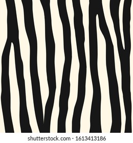 Zebra skin seamless pattern. Animal fur print. Repeating stripes motif. Wildlife, natural camouflage texture. Savannah safari inspired background. Vector abstract wallpaper