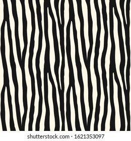 Zebra skin seamless pattern. Animal fur print. Repeating stripes motif. Wildlife, natural camouflage texture. Savannah safari inspired background. Vector abstract wallpaper