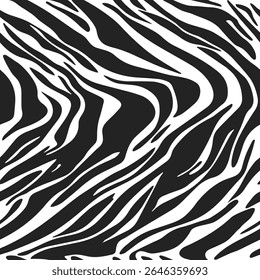 Zebra skin seamless pattern with natural, wavy black stripes on a white background. Animal classic fur illustration. Zoo leather endless print design.