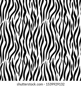 Patrón de rayas de piel de cebra, vector. Fondo monocromo sin fisuras. Impresión animal, texturas detalladas y realistas en blanco y negro.
