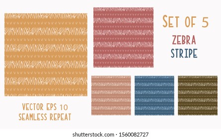 Zebra Skin Stripe Vector Texture Seamless Pattern. Safari Animal Background. Hand DrawnMuted Tonal Color.  Hide Line Effect in Flat Colors. EPS 10 Repeat