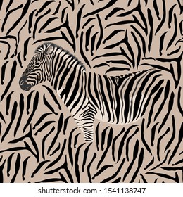 Zebra skin, striped pattern. The animals are detailed and realistic textures. Brown background. Vector illustration