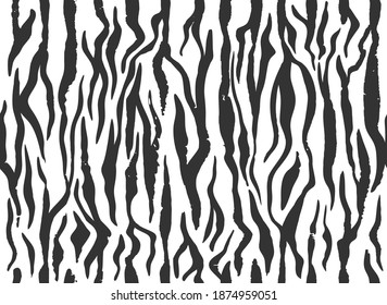 Zebra skin, stripes grunge pattern. Animal print. Black and white background. Vector texture.