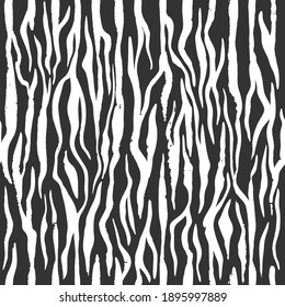 Zebra skin, stripes grunge pattern. Animal print. Black and white seamless background. Vector texture.