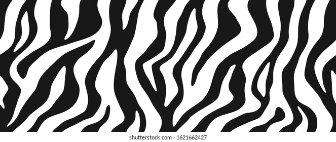 Zebra skin, stripes pattern. Animal print, black and white detailed and realistic texture. Monochrome seamless background. Vector illustration 