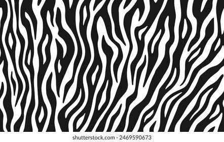 Zebra skin, stripes pattern. Animal print, black and white detailed and realistic texture. Monochrome seamless background. Vector illustration