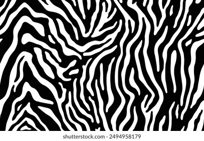 Zebra skin, stripes pattern. Animal print, black and white detailed and realistic texture. Monochrome seamless background. Vector illustration 