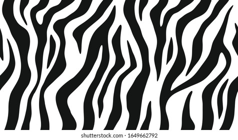 Zebra skin, stripes seamless pattern. Animal print. Black and white background. Vector texture.