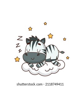 Zebra sleeping with Zzz sound on a cloud near a stars. Vector illustration for designs, prints and patterns. Isolated on white background