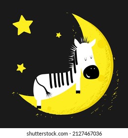 Zebra sleeps on the moon. Children's flat vector illustration. Illustration of animals for the nursery, print, character for children