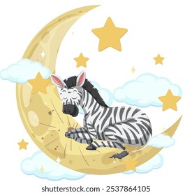 A zebra sleeps peacefully on a crescent moon