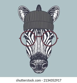 Zebra smile hand drawn wearing a red glasses and beanie for your company or brand